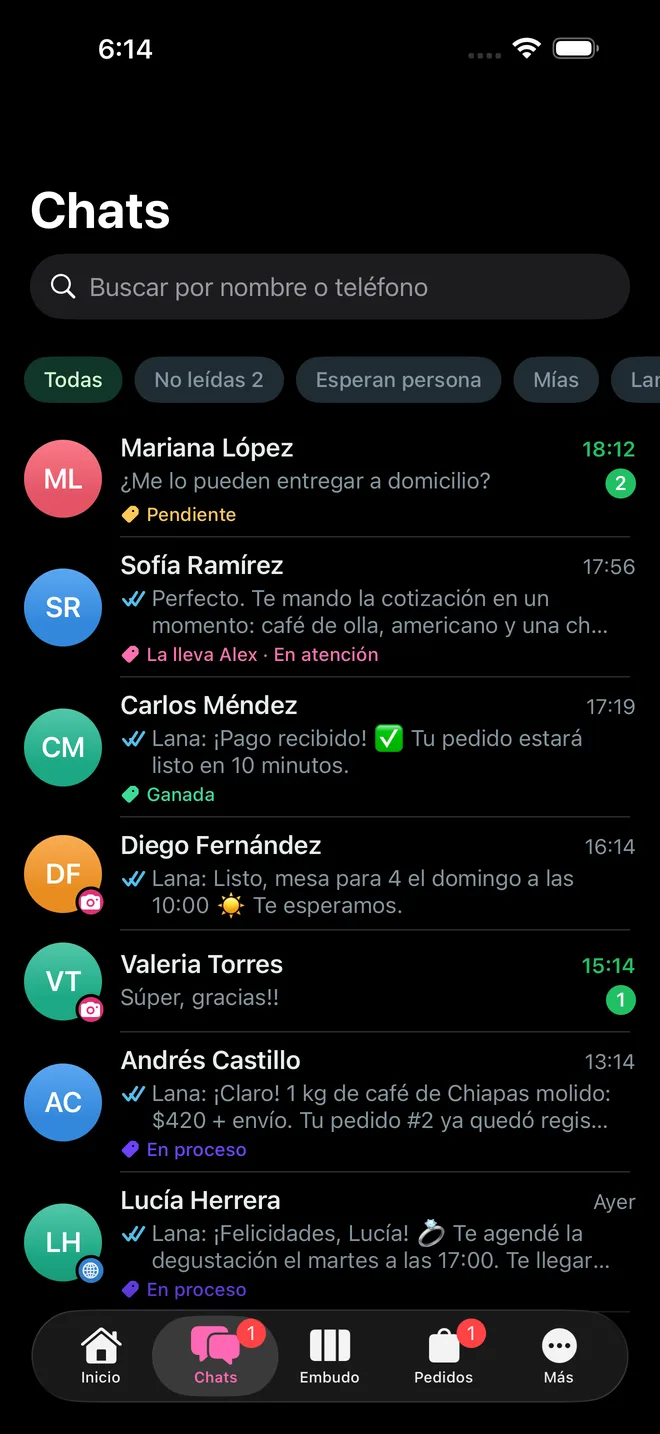 Lista de chats en la app para iPhone