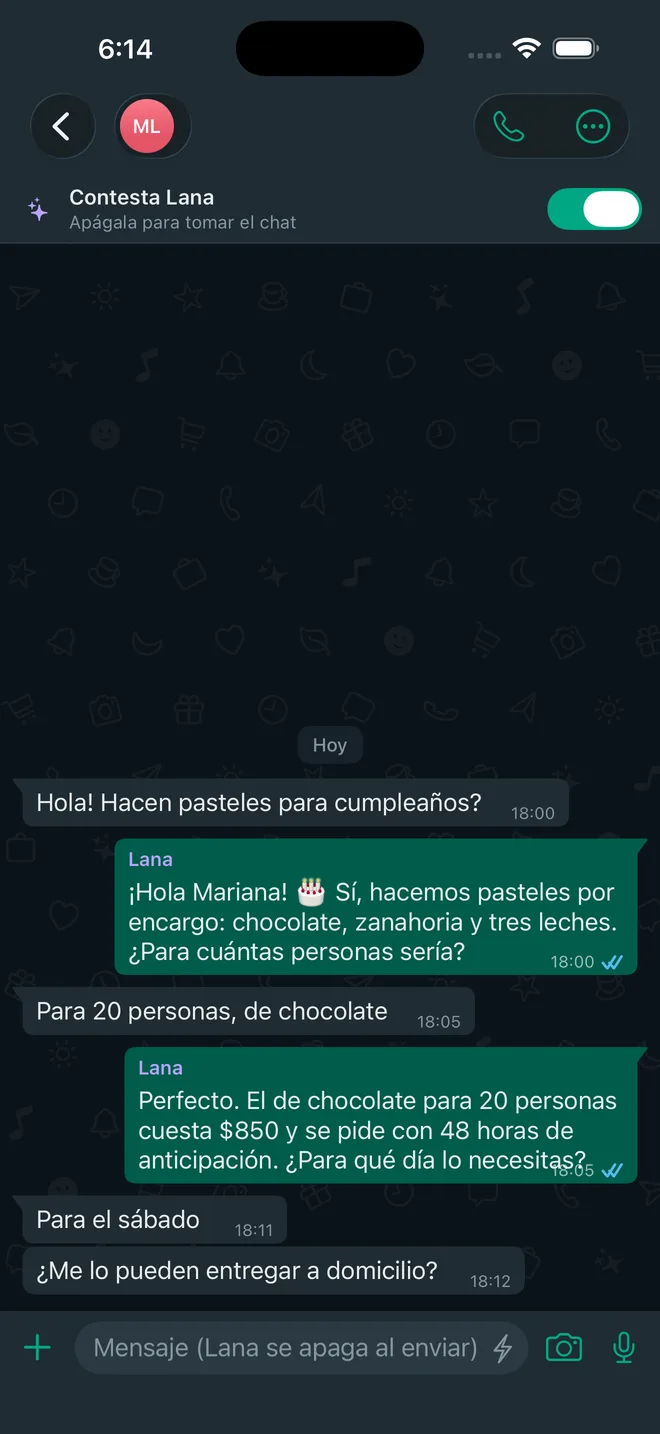 Lana IA contestando por WhatsApp en la app de Demandu para iPhone