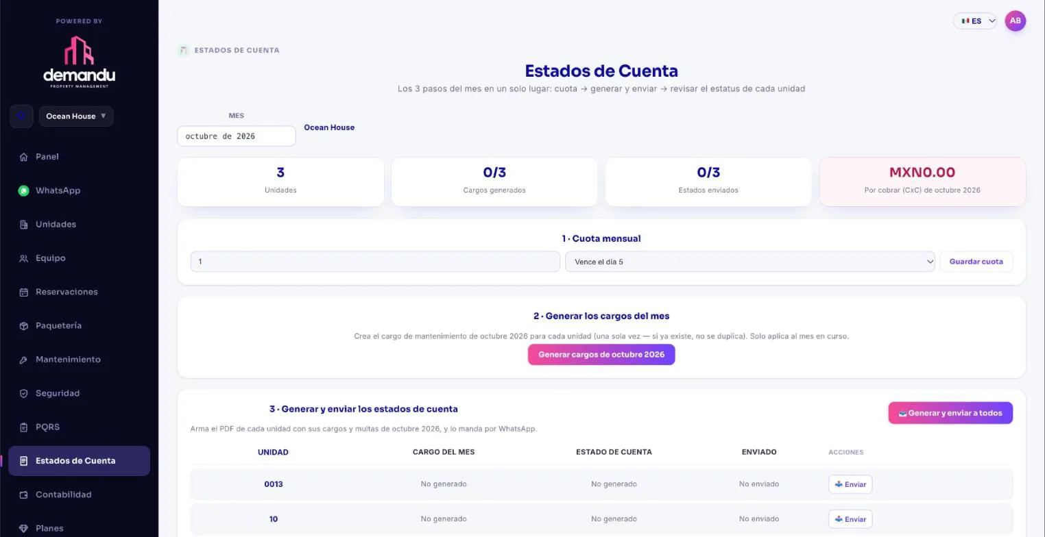 Estados de cuenta del mes: cuota, cargos y envío por WhatsApp
