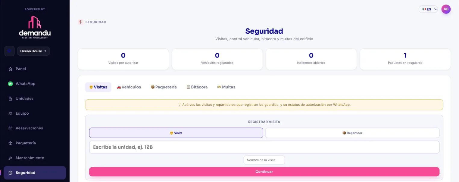 Módulo de seguridad: visitas por autorizar, vehículos, incidentes y paquetes en resguardo