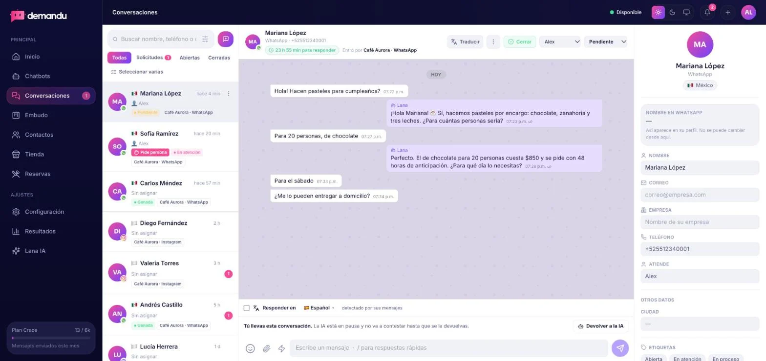 Bandeja de conversaciones de Demandu en la computadora